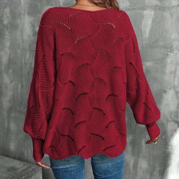 Burgundy Casual Women's Round Neck Drop Shoulder loose knit Sweater - Picture 2 of 7